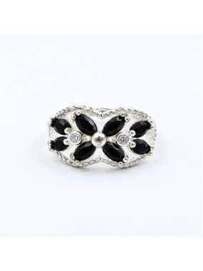 Vintage Avon Black Glass Rhinestone Ring, Silver Plated, Signed NRT